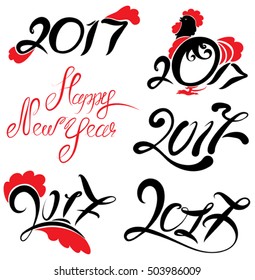 Set of numerals, Calligraphy 2017. Chinese calendar for the year of rooster. Hand written calligraphic text Happy New Year.