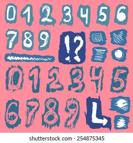 A set of numerals and some other elements drawn in sketch style with grunge chalk texture