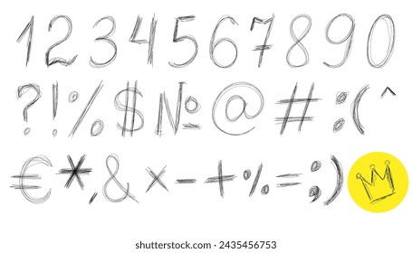 set of numeric symbols and punctuation symbols written by hand. hand drawn symbols. lettering. Vector graphics.