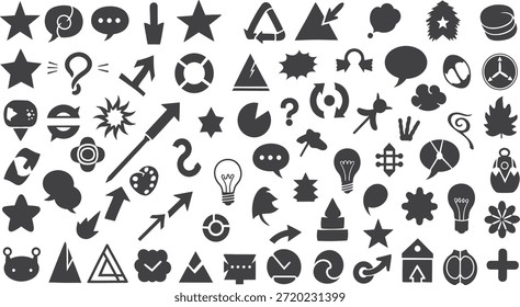 A set of numerous black icons including stars, symbols, and shapes arranged on a plain white background