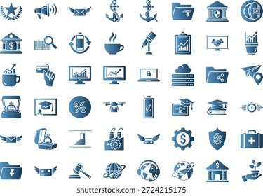 Un conjunto de numerosos iconos azules que representan negocios, tecnología y finanzas sobre un fondo blanco puro, incluidos símbolos para la comunicación, el análisis de datos y más