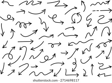 Un conjunto de numerosas flechas dibujadas a mano que apuntan en múltiples direcciones, variando en estilo y curvatura sobre un fondo blanco liso.