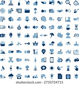 A set of numerous small blue and dark blue icons in different shapes and styles, arranged in rows on a pure white background, representing various objects and symbols.
