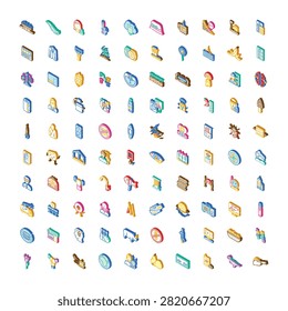 Set of numerous small, colorful isometric vector icons and symbols covering diverse topics like technology, nature, food, people, and abstract concepts on a clean white background