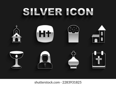 Set Nun, Church building, Calendar with Easter, Christian church tower, chalice, cake,  and cross icon. Vector