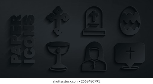 Set Nun, Easter egg, Christian chalice, Location church building, Grave with tombstone and cross icon. Vector