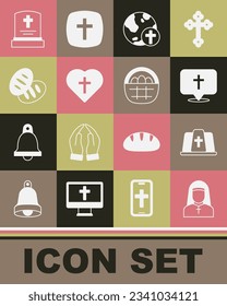 Set Nun, Pope hat, Location church building, Christian cross with globe, heart, bread, Grave tombstone and Basket easter eggs icon. Vector