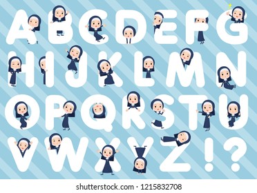 A set of Nun women designed with alphabet.Characters with fun expressions pose various poses.It's vector art so it's easy to edit.