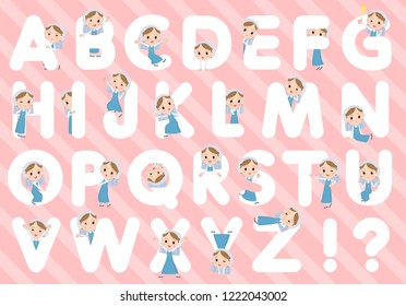 A set of Nun women designed with alphabet.Characters with fun expressions pose various poses.It's vector art so it's easy to edit.