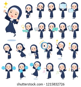 A set of Nun women with digital equipment such as smartphones.There are actions that express emotions.It's vector art so it's easy to edit.