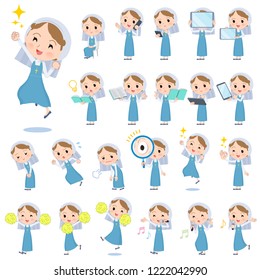 A set of Nun women with digital equipment such as smartphones.There are actions that express emotions.It's vector art so it's easy to edit.