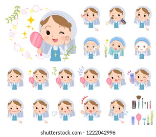 A set of Nun women on beauty.There are various actions such as skin care and makeup.It's vector art so it's easy to edit.