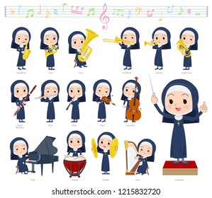 A set of Nun women on classical music performances.There are actions to play various instruments such as string instruments and wind instruments.It's vector art so it's easy to edit.