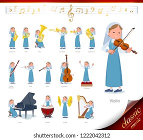 A set of Nun women on classical music performances.There are actions to play various instruments such as string instruments and wind instruments.It's vector art so it's easy to edit.