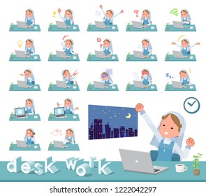 A set of Nun women on desk work.There are various actions such as feelings and fatigue.It's vector art so it's easy to edit.