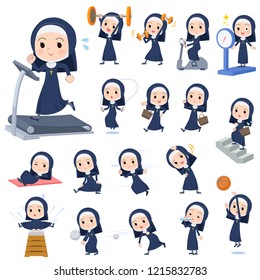 A set of Nun women on exercise and sports.There are various actions to move the body healthy.It's vector art so it's easy to edit.