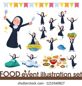 A set of Nun women on food events.There are actions that have a fork and a spoon and are having fun.It's vector art so it's easy to edit.
