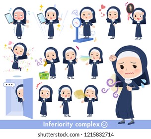 A set of Nun women on inferiority complex.There are actions suffering from smell and appearance.It's vector art so it's easy to edit.