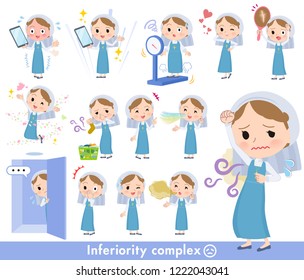 A set of Nun women on inferiority complex.There are actions suffering from smell and appearance.It's vector art so it's easy to edit.