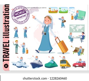 A set of Nun women on travel.There are also vehicles such as boats and airplanes.It's vector art so it's easy to edit.