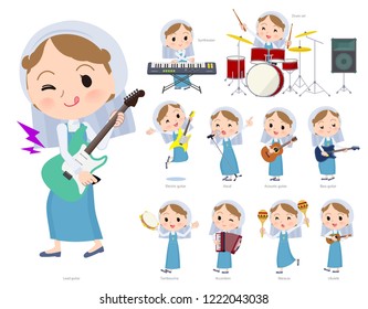 A set of Nun women playing rock 'n' roll and pop music.There are also various instruments such as ukulele and tambourine.It's vector art so it's easy to edit.