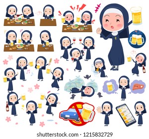 A set of Nun women related to alcohol.There is a lively appearance and action that expresses failure about alcohol.It's vector art so it's easy to edit.