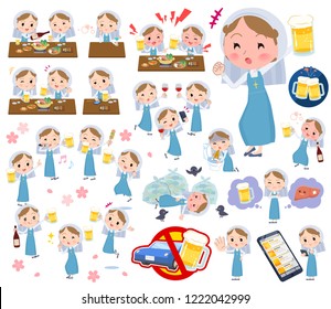 A set of Nun women related to alcohol.There is a lively appearance and action that expresses failure about alcohol.It's vector art so it's easy to edit.