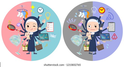A set of Nun women who perform multitasking in offices and private.There are things to do smoothly and a pattern that is in a panic.It's vector art so it's easy to edit.