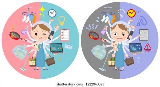 A set of Nun women who perform multitasking in offices and private.There are things to do smoothly and a pattern that is in a panic.It's vector art so it's easy to edit.