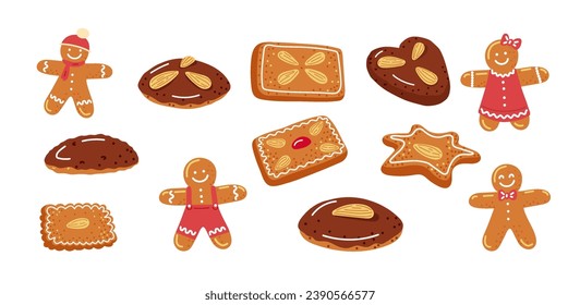 Set of nuremberg lebkuchen or german christmas cookies,pastry for winter and advent time.Vector illustration in cartoon style isolated on white background