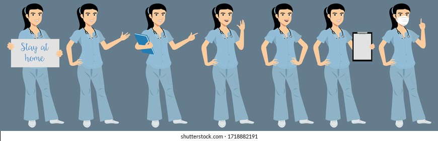 Set of nurse character vector design presentation in various action