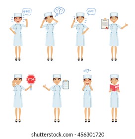 Set Of Nurse Characters Posing In Different Situations. Cheerful Nurse Talking On The Phone, Thinking, Surprised, Angry, Holding Stop Sign, Clipboard, Document, Book. Flat Style Vector Illustration