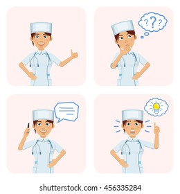 Set Of Nurse Characters Posing In Different Situations. Cheerful Nurse Talking On The Phone, Pointing Up, Thinking, Showing Thumb Up Gesture. Flat Style Vector Illustration