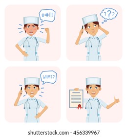 Set Of Nurse Characters Posing In Different Situations. Cheerful Nurse Talking On The Phone, Thinking, Surprised, Angry, Holding A Document, Paper, Contract. Flat Style Vector Illustration