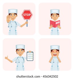 Set of nurse characters posing in different situations. Cheerful nurse holding stop sign, clipboard, reading a book, in love. Flat style vector illustration