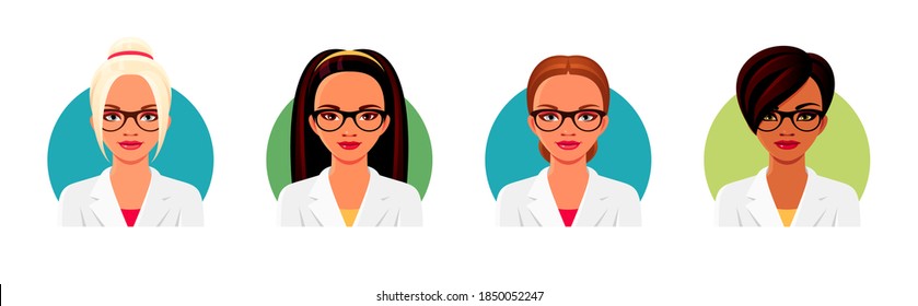 Set of nurse or doctor wearing white medical uniforms and eyeglasses. Asian, Indian and European women avatar faces. Vector colorful illustrations.
