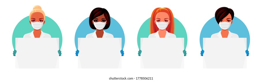 Set of nurse or doctor women wearing white uniforms, holding empty poster, with gloves, eyeglasses and face medical mask. Vector illustrations templates for professional behavior during epidemic 