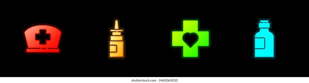 Set Nurse hat with cross, Bottle nasal spray, Heart and of medicine syrup icon. Vector