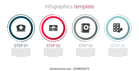 Conjunto Sombrero de enfermera con cruz, cardiograma portátil, Portapapeles médico y pastillas en blister. Plantilla de infografía de negocios. Vector