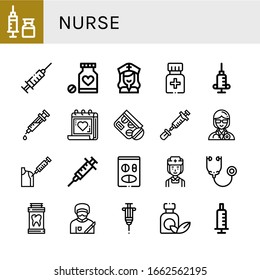 Set of nurse icons. Such as Syringe, Medicine, Nurse, Medical appointment, Vaccine, Doctor, Stethoscope, Surgeon , nurse icons