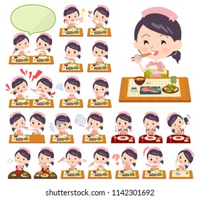 A set of nurse women about meals.Japanese and Chinese cuisine, Western style dishes and so on.It's vector art so it's easy to edit.