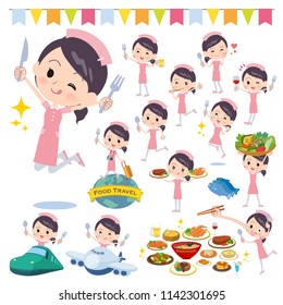 A set of nurse women on food events.There are actions that have a fork and a spoon and are having fun.It's vector art so it's easy to edit.