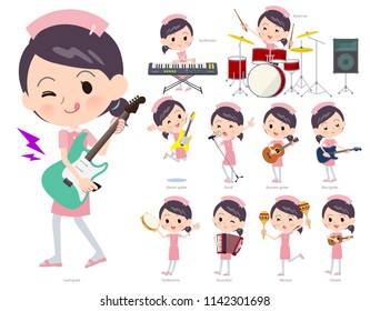 A set of nurse women playing rock 'n' roll and pop music.There are also various instruments such as ukulele and tambourine.It's vector art so it's easy to edit.