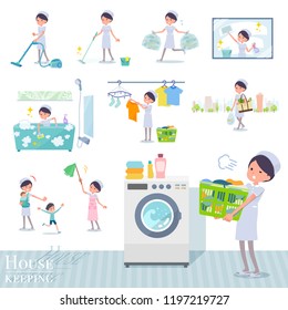 A set of Nurse women related to housekeeping such as cleaning and laundry.There are various actions such as child rearing.It's vector art so it's easy to edit.