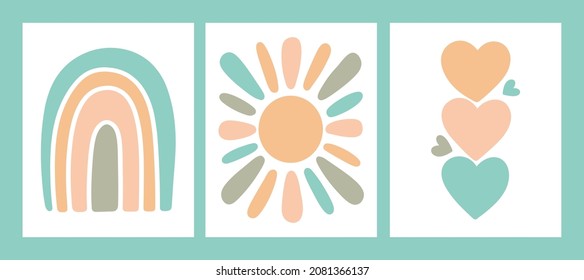 Set of Nursery Art Neutral Pastel Scandinavian Vector Illustration Rainbow Hearts and Sun