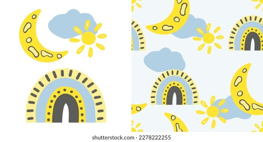 Set of nursery decor elements on cartoon style for stickers, prints, posters, cards, kids apparel. Seamless pattern rainbow, moon and clouds with sun