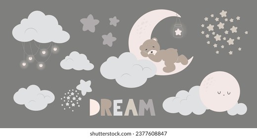 Establecer elementos de vivero. Oso de peluche de caricatura durmiendo, luna, sueño de inscripción, nubes y estrellas. Se puede usar para carteles para niños, tarjetas de ducha para bebés o papel tapiz. Ilustración vectorial con fondo oscuro.