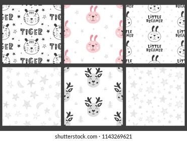 Set of Nursery Kids Seamless Patterns. Backgrounds with Cute Animal Faces, isolated on white. Hand Drawn Scandinavian Style Textile, Wallpaper, Wrapping Paper, Kids Apparel Print. Vector illustration