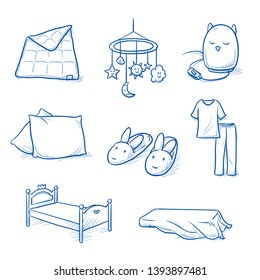 Set of nursery objects as bed, cushion, pyjama, bed sheet, duvet, bunny slippers, night light and baby mobile. Hand drawn blue line art cartoon vector illustration. 