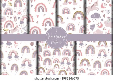 set of nursery patterns with unicorns and rainbows. Good for prints, posters, kids textile and apparel, bedding, wallpaper, wrapping paper, scrapbooking, stationary, etc. EPS 10